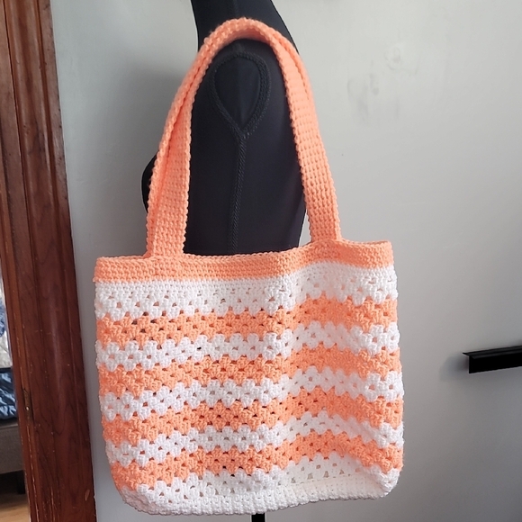 Orange and White Tote Bag with Lace Trim - Picture 6 of 6